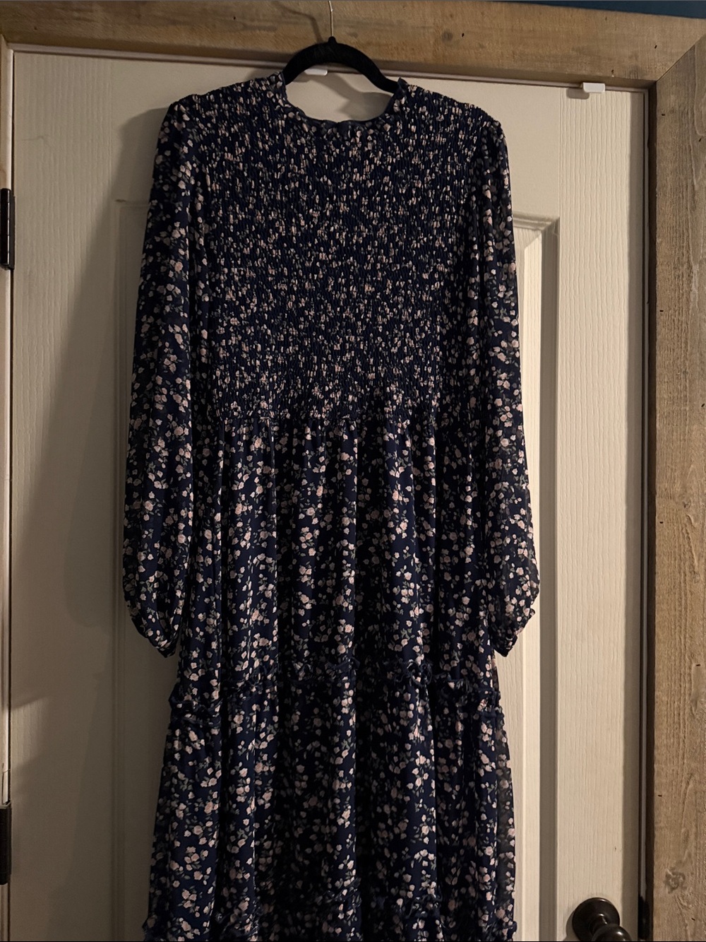 Navy Floral Long Sleeve Smocked Midi Dress